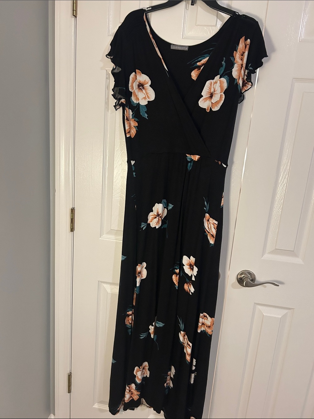 Loveappella Black Floral Wrap Maxi Dress with Peach Flowers